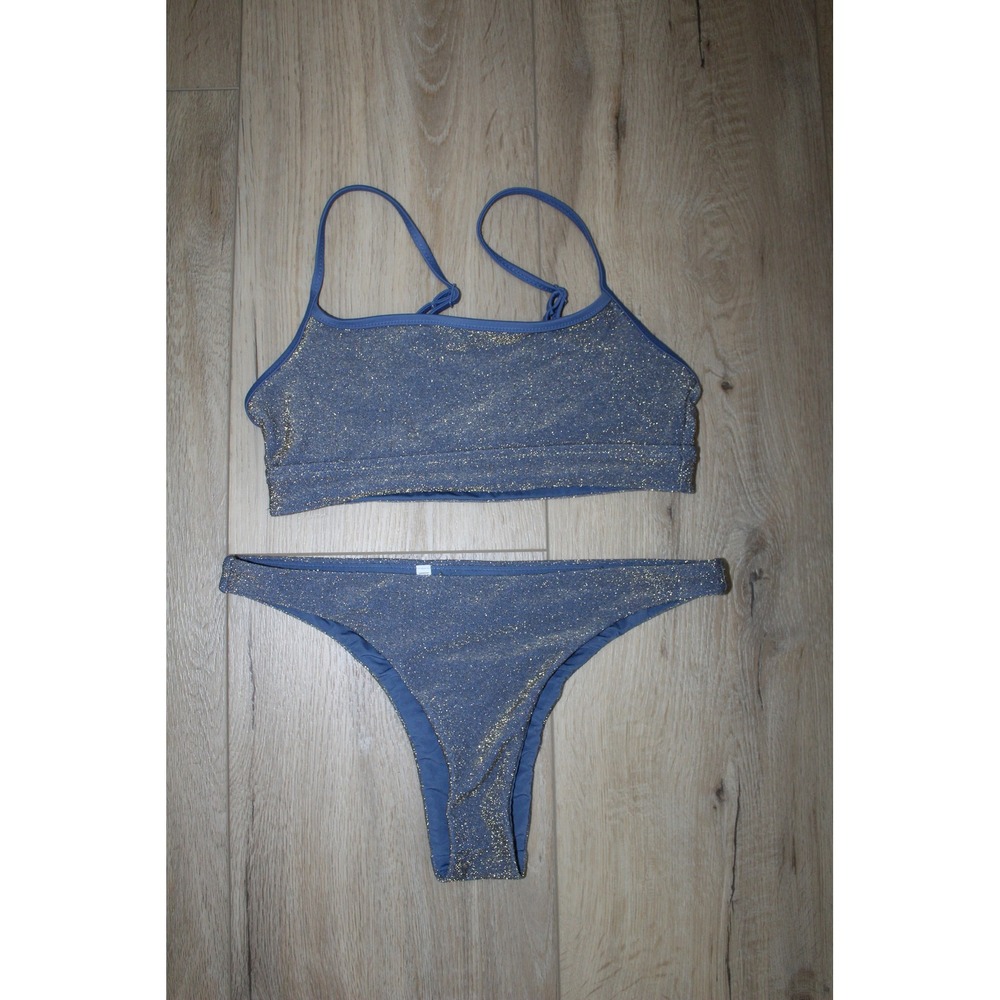Aerie Blue Gold Shimmer Bikini Set Scoop Top Cheeky Bottom Small UPF 50 Sparkle
